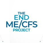 The image features the text "THE END ME/CFS PROJECT" prominently in the center. Surrounding the text are abstract, interconnected geometric patterns with nodes in various colors, including teal, yellow, and pink. These patterns symbolize connections, representing collaboration.