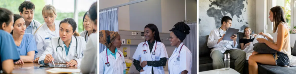 : L'image est un collage de trois photos représentant des professionnels de la santé dans différents scénarios : une réunion d'équipe, une interaction amicale entre collègues et une consultation avec un patient.