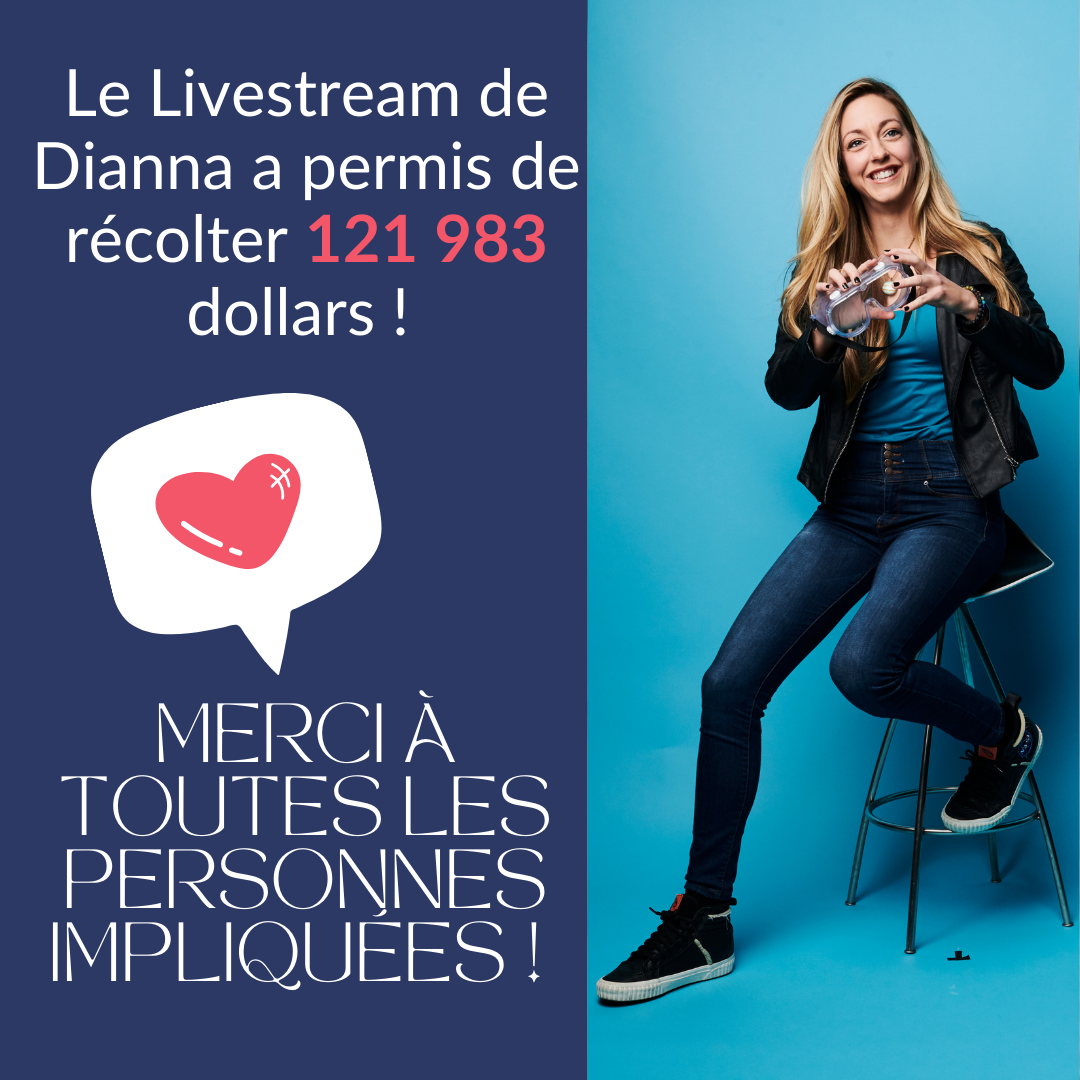 À droite : Dianna Cowern assise sur un tabouret haut sur un fond bleu uni. Texte de gauche : Le Livestream de Dianna a permis de récolter 121 983 dollars ! Merci à toutes les personnes impliquées ! Merci d'avoir regardé, appris et donné