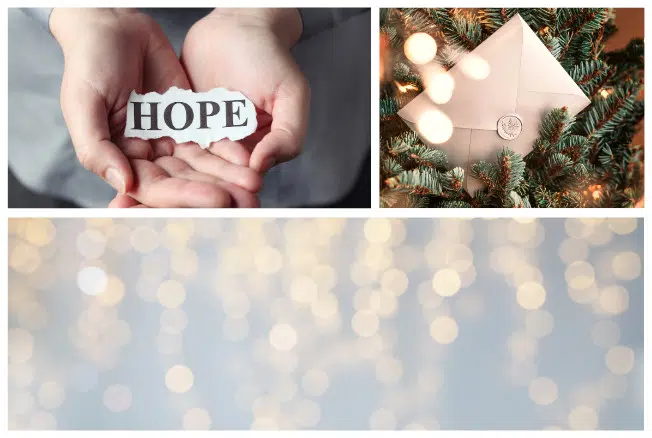 L'image est un collage composé de trois parties : en haut à gauche, une paire de mains tient délicatement un morceau de papier sur lequel est imprimé le mot « HOPE ». La partie supérieure droite montre une enveloppe scellée par un cachet de cire, placée au milieu des branches d'un arbre, avec des lumières douces et chaudes. La partie inférieure présente un arrière-plan flou avec des lumières dorées en bokeh sur un fond neutre.