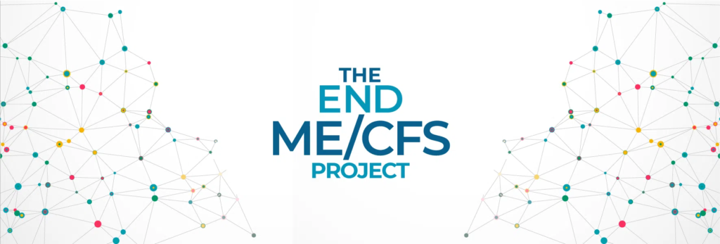 L'image présente le texte « LE PROJET END ME/CFS » de manière bien visible au centre. Autour du texte se trouvent des motifs géométriques abstraits et interconnectés, avec des nœuds de différentes couleurs, notamment le bleu sarcelle, le jaune et le rose. Ces motifs symbolisent les connexions, représentant la collaboration.