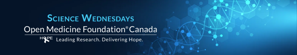 This image is a banner for "Science Wednesdays" by Open Medicine Foundation Canada. It has a blue background with hexagonal shapes and a DNA-like structure on the right, symbolizing scientific research.