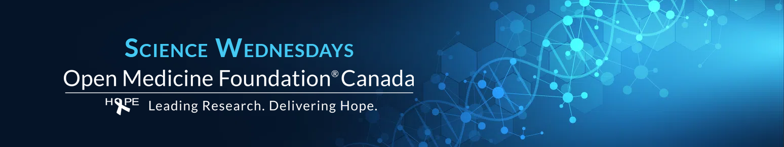 This image is a banner for "Science Wednesdays" by Open Medicine Foundation Canada. It has a blue background with hexagonal shapes and a DNA-like structure on the right, symbolizing scientific research.