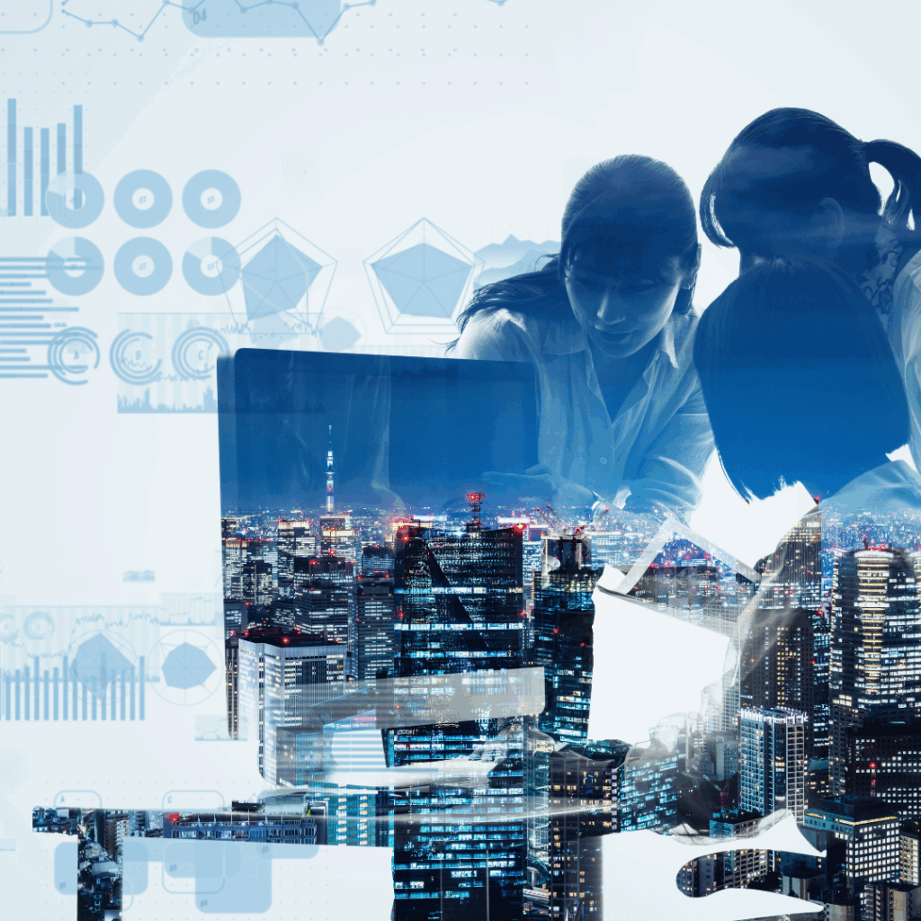 Cette image est une représentation conceptuelle des statistiques et de l'analyse de données. Elle met en scène un groupe de professionnels collaborant à un bureau, avec un panorama urbain illuminé la nuit. L'image est superposée à divers éléments graphiques associés aux données, tels que des graphiques à barres, des graphiques radar, des diagrammes circulaires et des points de données.