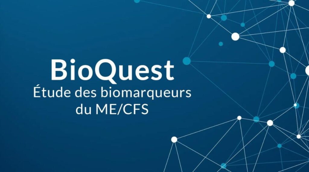 Bannière pour BioQuest : le texte apparaît sur un fond bleu scientifique et indique « BioQuest : étude sur les biomarqueurs de l'EM/SFC ».