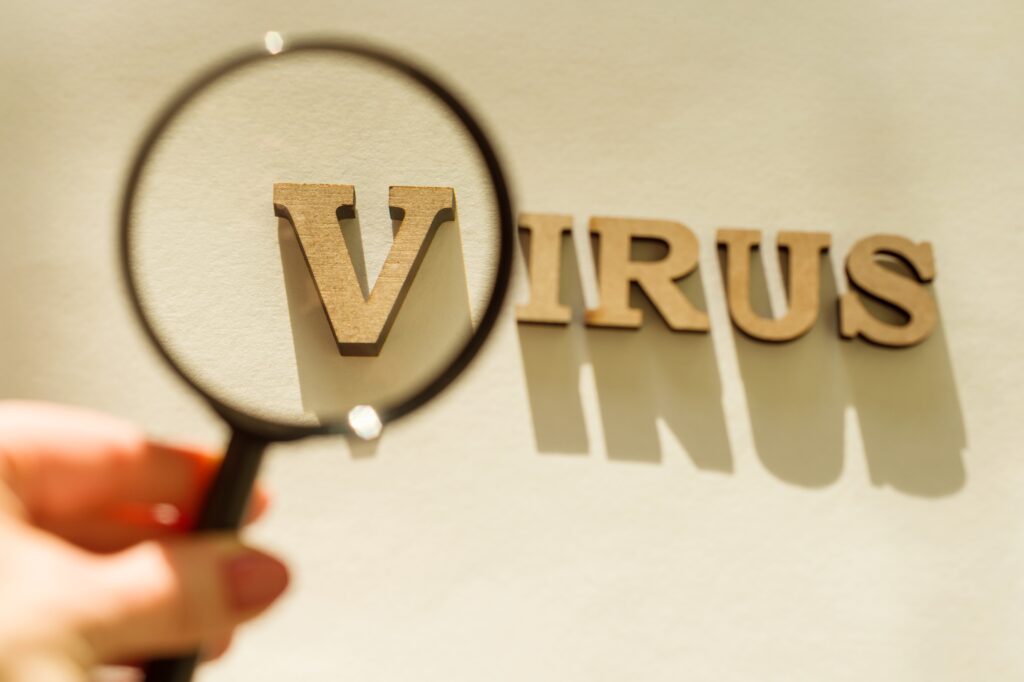 Magnifying glass on a white background with the word VIRUS