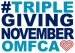 TGN logo:  #TRIPLEGIVINGNOVEMBEROMF. The phrase is written in bold, uppercase letters with a mix of dark blue and light blue colors. The "OMF" text is in light blue, and there is a stylized heart shape in reddish-orange next to it.